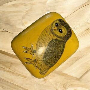 MCM Owl Decorative Jewelry Box Small 70s Yellow Accent Decor VTG